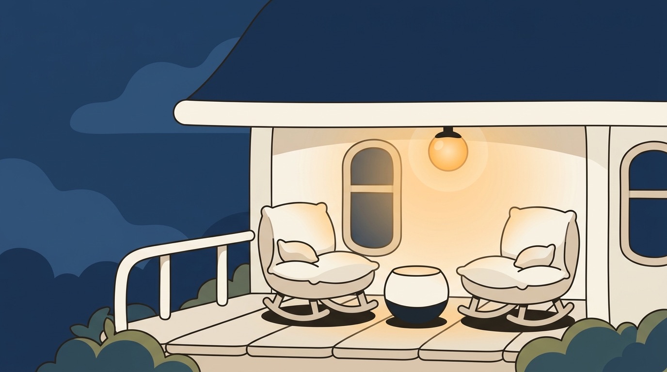 A cozy porch at dusk with two rocking chairs under a warm lamp