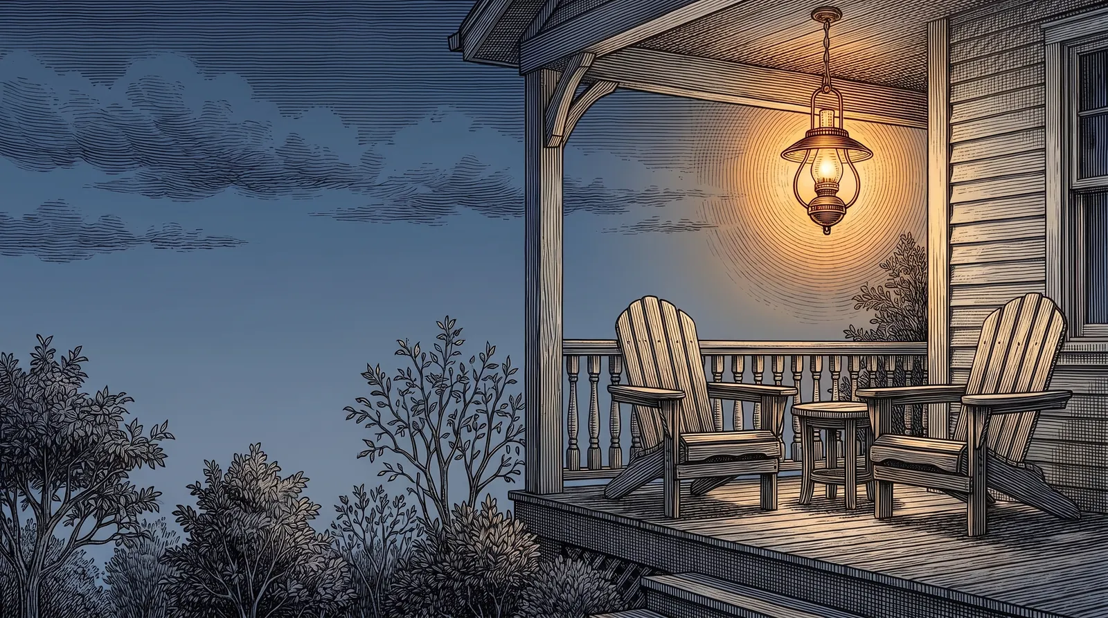 A porch at dusk with two wooden chairs under a lit lamp