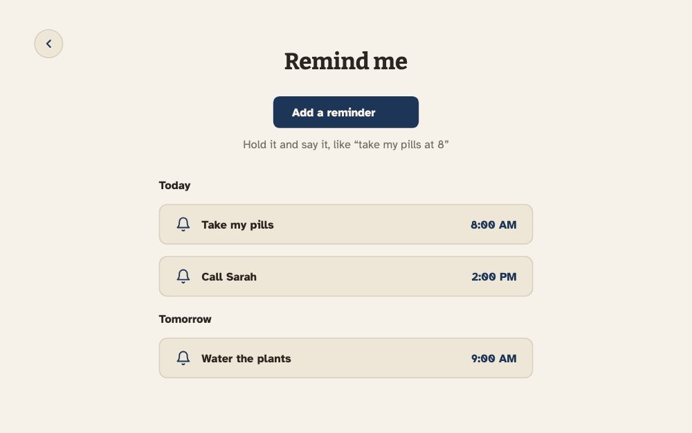 Porchlight's reminder list: take my pills at 8:00 AM, call Sarah at 2:00 PM