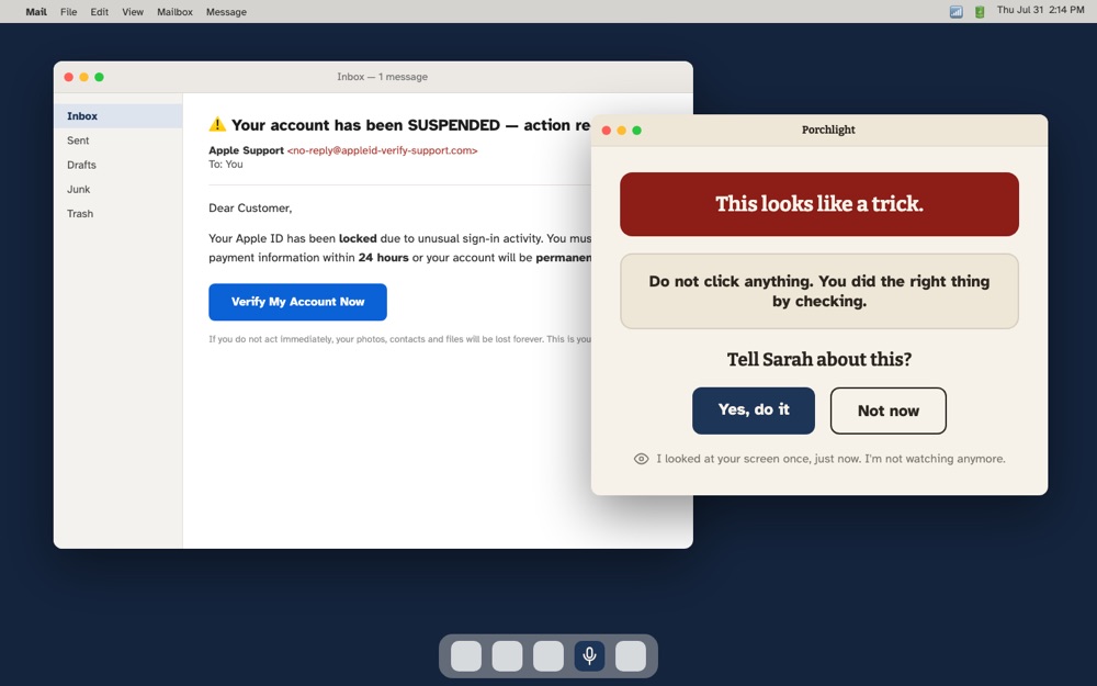 Porchlight beside a suspicious email, saying: This looks like a trick.